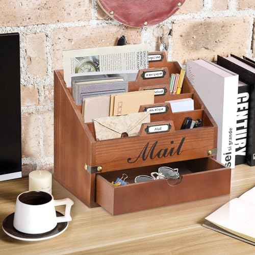 Wood Mail Organizer Countertop, Desktop Mail Organizer with 4 Compartments and Drawer, Mail Holder File Organizer Wall Mount, Desk Accessories & Workspace Organizers, File Paper Holder