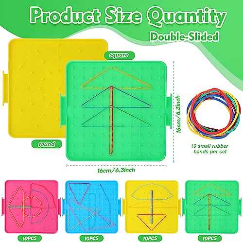 Lenwen 40 Pcs Double Sided Geoboard Math Manipulatives Geoboard with Rubber Bands 6.3 Inch Plastic Educational Graphical Toy for Learning Creativity