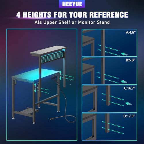 Gaming Desk with Power Outlets & LED Strip Lights,80CM Industrial Writing Desk with Height Adjustable Monitor Riser, PC Laptop Table with Portable CPU Stand for Home Office Black