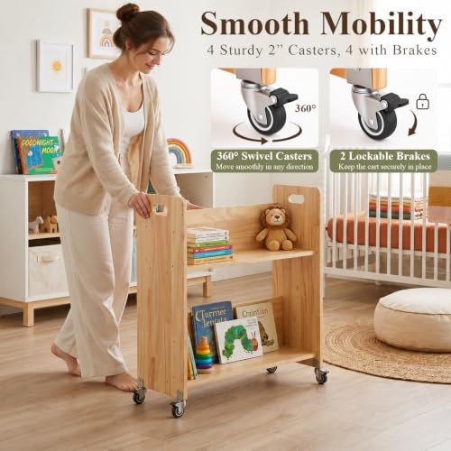 Leinuosen Solid Wood 2-Tier Book Cart with 2in Casters, 32" W x 30" H