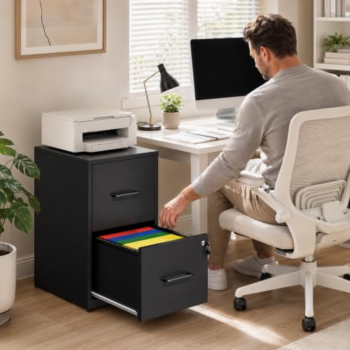 Yukimo 2-Drawer File Cabinet with Lock — Metal Vertical Filing Cabinet for Home Office, Hanging Legal/Letter/A4, Assembly Black
