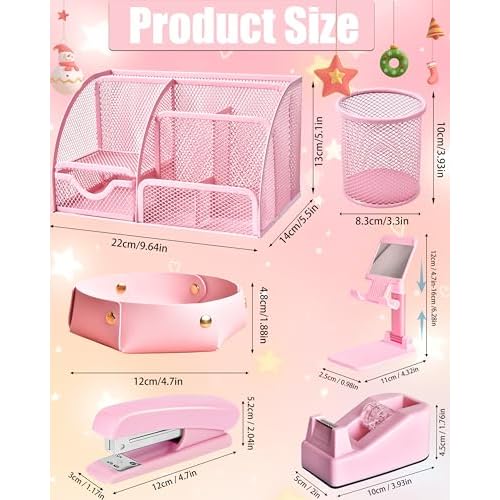 Pink Desk Accessories, 24Pcs Pink Office Supplies and Desk Organizers, with Tape Dispenser, Stapler, Staple Remover, Ect, Christmas Gifts