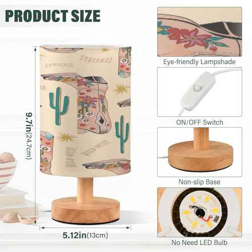 VIGTRO Table Lamp with USB Vintage Cow Girls Boot Bedroom Nightstand Lamps, Western Boho Wood Base LED Desk Light for Living Room, Office