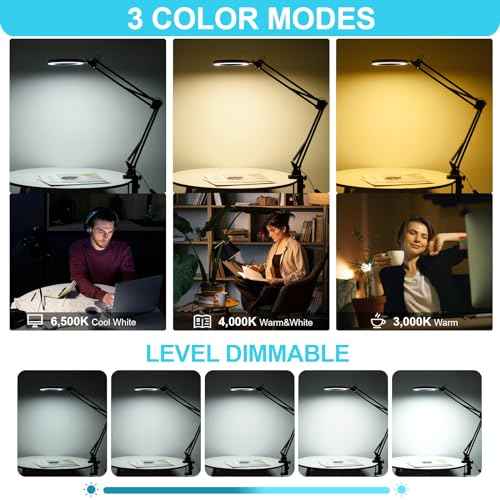LED Magnifier Desk Lamp with Stand, 3 Color Modes & Stepless Dimming 5-Diopter Glass Lens, Adjustable Swivel Arm - Magnifying lamp for Close Work, Repair, Crafts, Reading - Long