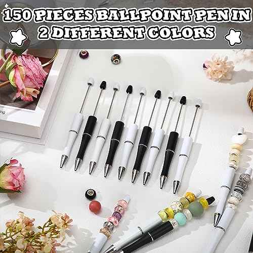 Kosiz 150 Pieces Plastic Beadable Pen Bulk Black Ink Assorted Bead Ballpoint Pen Beaded Gift for Presents Office School Supplies DIY Making(Black and White)