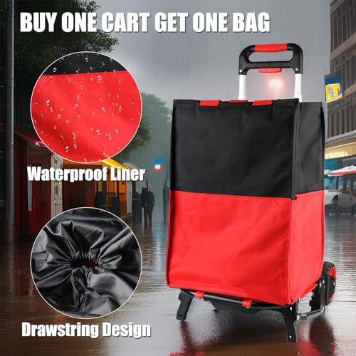 Folding Shopping Cart with Removable Waterproof Bag and Bungee Cord, Heavy Duty Push Cart with Mute Wheels, Portable Hand Truck for Shopping, Groceries, Travel and Office Use