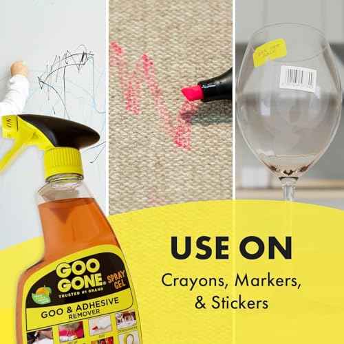 Goo Gone Adhesive Remover Spray Gel ? Safe Glue and Sticker Remover for Labels, Tape Residue, Grease, Tar, Gum, Crayons, Candle Wax, Tree Sap, & Makeup on Hard Surfaces, Carpets, and Fabrics, 12 oz