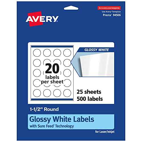 Avery Round Labels, Sure Feed Technology, 1.5" Diameter, 500 Glossy White Labels (36492)