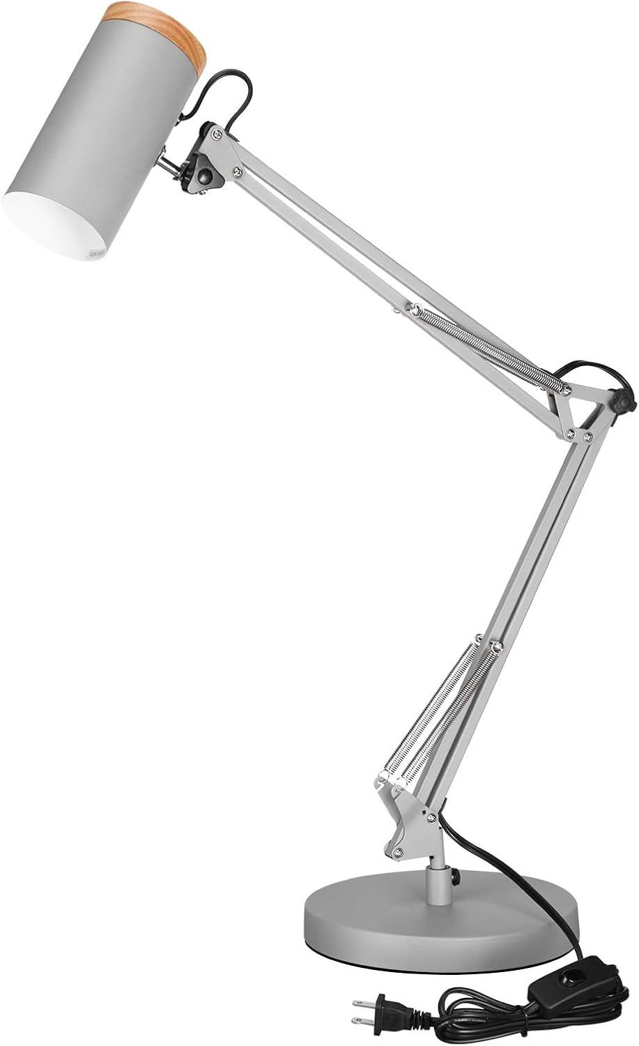 TORCHSTAR Tall Swing Arm Desk Lamp - Adjustable Metal Task Lamp with Wooden Accent | Max Height 31", Grey