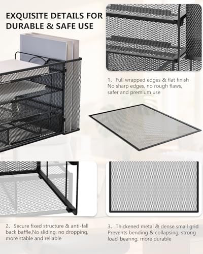 WALI 4-Tier Desk File Organizer with Drawer & Pen Holders - Black | Space-Saving Office Storage
