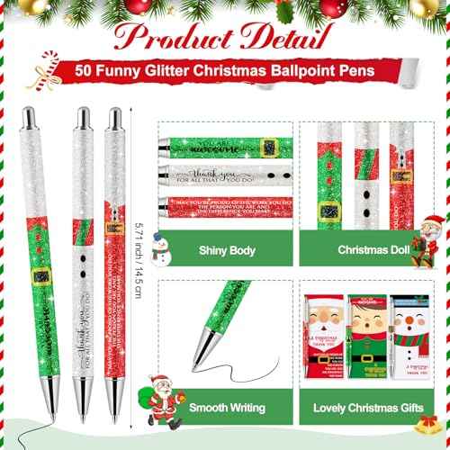 50 Sets Christmas Bulk Glitter Christmas Santa Claus Pens Novelty Snowman Elf Inspirational Pens with Thank You Cards Xmas Gifts for Employee Staff Teacher Coworker