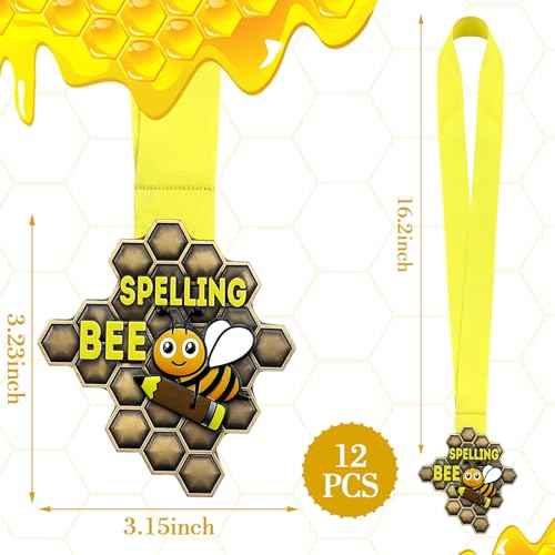 Zonon 12 Pcs Spelling Bee Medals Bulk Honeycomb Spelling Bee Award Medals with Neck Ribbon 3.23 x 3.15 Inches Spell Trophy for Back to School Competitions Party Supplies Winner Gifts