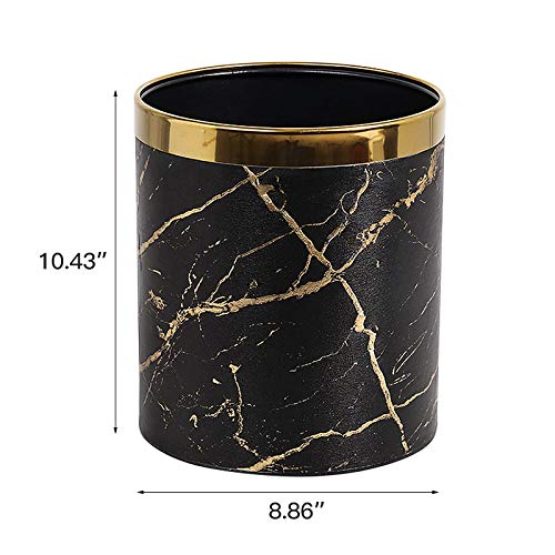 Huaqinglian Small Office Trash can Garbage can Metal Open top Wastebasket bin with Removable Gold Ring which for Hold Garbage Bag for Bathroom,Living Room,Bedroom Using (Black Gold Marble)