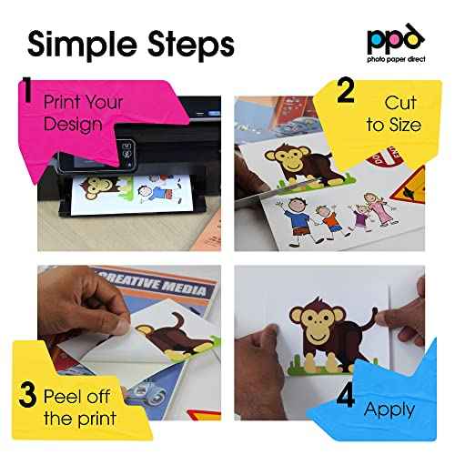 PPD Premium Printable Vinyl Sticker Paper for Inkjet Printer - 50 Sheets Glossy Sticker Paper 8.5 x 11 - Self-Adhesive, Waterproof, Tear Resistant, Instant Dry - PPD-36-50