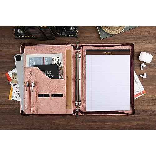Patterned Leather Portfolio,10.5¡¿14 inch padfolio with 3 Ring Binder£¬Bussiness Portfolio with A4 Letter Size Clipboard £¬Leather padfolio for Men and Women£¨Pink£©