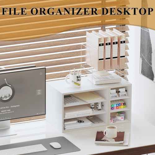 MARTY Printer Stand with Storage for Desk Large Desktop Printer Stand Shelf Riser with 6 Storage Compartments Wood Desk Paper Organzier File Organizer for Home/Office, White