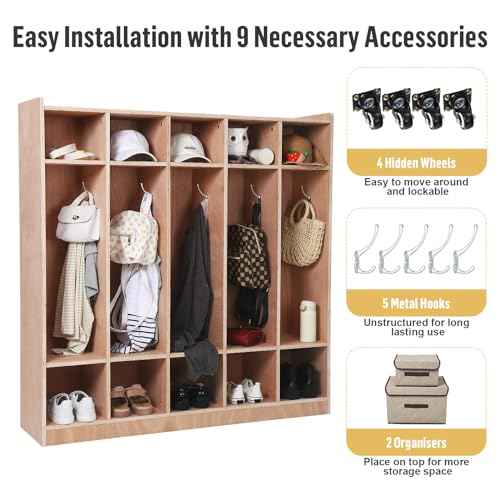 Garvee 5-Section Classroom Coat Locker, 10 Cubbies w/Anti-tip Kit for Classrooms, Daycare Cubby with 4 Casters, 5 Hooks and 2 Storage Boxes, for Home, School, Kindergarten