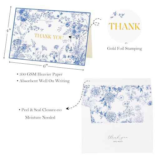Crisky 50 Pack Blue Floral Thank You Cards Gold Foil Greeting Notes Bulk with Envelopes & Stickers for Birthday, Baby Shower, Bridal Shower, Wedding, Graduation, Business