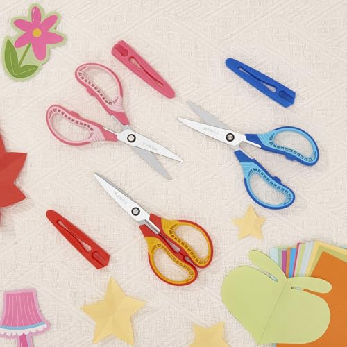 Kids Scissors 7-Inch Safety Craft Scissors for Ages 8-12 with Cover - Blue/Pink/Red, Left/Right Handed