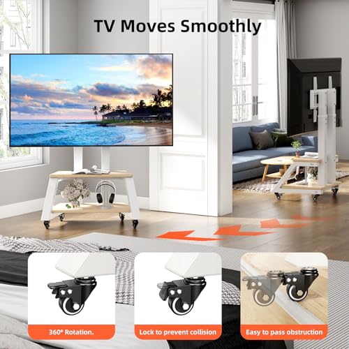 BEISHI White Mobile TV Stand Cart for 32-86 Inch TVs, Rolling TV Cart