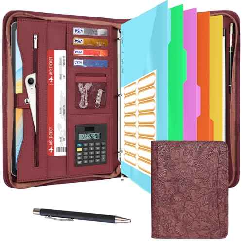 Eshow Portfolio Organizer - 3 Ring Binder with Zipper, Vegan Leather Business Padfolio Folder with Notepad Includes 5 Color Sheet Protectors for Documents Files for Men Women