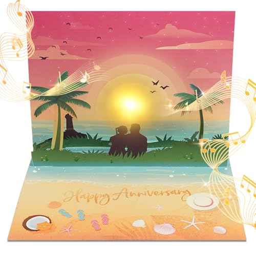 Anniversary Pop up Cards, Musical Anniversary Card with Sunset on the Beach View, Beach Vacation Invitation Card for Women Men Couple Wife Husband