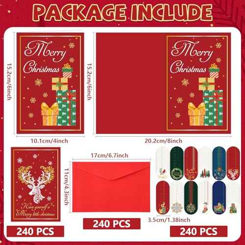 240 Sets Christmas Cards Bulk with Envelopes and Stickers Festive Gold Foil Merry Christmas Note Card Set 12 Elegant Designs Holiday Greeting Cards Blank Inside for Winter Xmas Season Gift 4x6 Inch