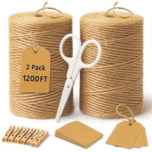 5 Pack Natural Twine String Suit : 2mm 1200 Feet Jute Twine Twisted from 3 Ply - String for Crafts Gardening Gift Wrapping Home Decor Knitting - Suitable for Handicraft and Gardening Enthusiasts