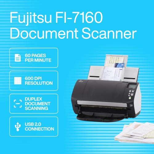 Fujitsu Fi-7160 Duplex Document Scanner - 600 DPI, 8.5x14in, 60 PPM, ADF, USB 3.0, Renewed