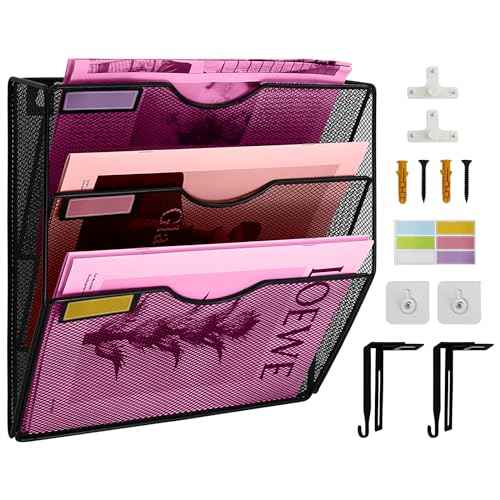 3 Pockets Mesh Wall File Holder Organizer Office Hanging File Folder Magazine Rack, Nametag Label Hooks Set Included (Black)