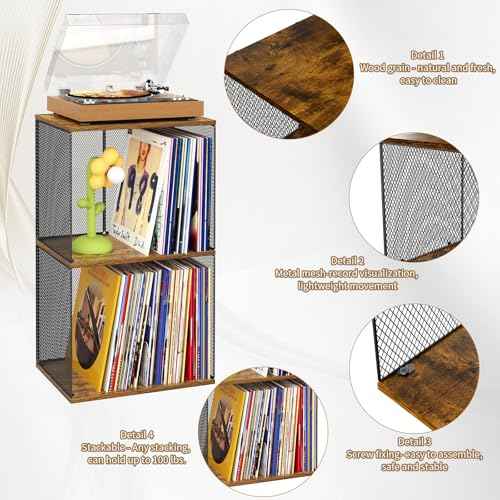 2 Tiers Vinyl Storage Turntable-Compatible Desktop, DIY Stackable Record Crate 100-140 Wooden Cube Storage Organizer Album Record Crates for Vinyl Holder, Non-Detachable