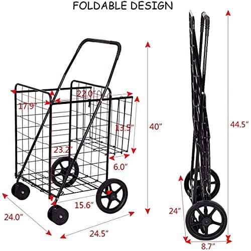 Folding Shopping Cart, Large Utility Cart Hold Up to 90 Lbs, with Double Basket, 360¡Æ Rolling Swivel Wheels, Ideal for Grocery Laundry Luggage Travel, Multiple Uses Easy to Move (Black)