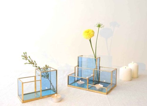 FONDAZZA Set of 2 Gold Desk Organizers for Home Office Supplies, Gold Brass and Blue Glass, 1 Each of 5-Compartments and 2-Compartments, Storage for Stationery, Cosmetic, makeup tools and Brush.