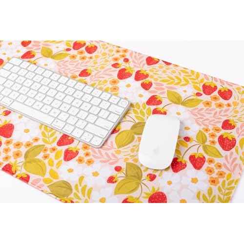 Elyse Breanne Design, Desk Pad Mat for Computer, Keyboard, Mouse, Desktop Protector, Non-Slip Rubber Backing, 15.5 x 35 inch, Large, Strawberry Patch