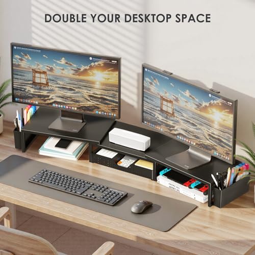 OPNICE Black Dual Monitor Stand Riser with Drawer & Pen Holders - Desk Organizer & Laptop Stand