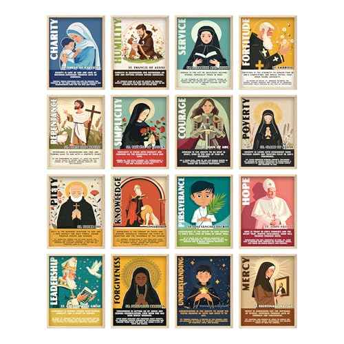 Catholic Saints Posters for Kids - Set of 16 (11x14) Unframed Christian Classroom Decor - Bible Virtues Quotes from Saints - Sunday School & Faith Bulletin Board Decorations
