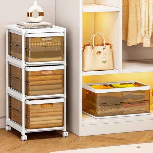 3 Drawer Storage Organzier - Plastic Drawer Stroage, Stackable Storage Drawers, Storage Bins with Wheels, Foldable Drawer Organizer, 20 Quart/Bin, Total 60 Qurat