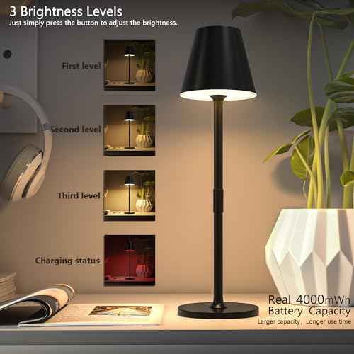 2 Pack LED CordlessTable Lamp,4000mAh Rechargeable Battery Desk lamp,3 Level Brightness Night Light,Minimalist Design, for Couple Dinner/Coffee Table/Restaurant/Bedroom(Black 2pack)