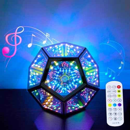 Remote Control Infinity Dodecahedron Light with Voice Control 3D Mirrror Tunnel Light Art Game Light Multicolor Decorative Lamp for Bedroom Living Room Desktop Decoration (USB Powered)