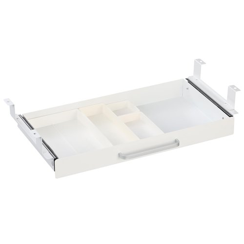 OSteed Under Desk Drawer White 21" with 4 Divider Trays, Under Shelf Pencil Drawer Pull-out, Standing Desk Metal Storage Attachment Slide Out for Workbench