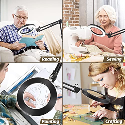 LANCOSC Magnifying Glass with Light and Stand, 5 Inches 10X Real Glass Lens, 3 Color Modes Stepless Dimmable LED Desk Lamp, Adjustable Arm Lighted Magnifier Light for Reading Repair Crafts Close Work