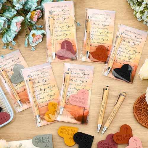 Remuuly Mothers Day Christian Gifts Bulk for Mom God Bless Mothers Leather Heart Bookmarks Bible Verse Bamboo Scripture Pen with Motivational Inspirational Card for Church Activities(60 Set)