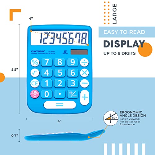 CATIGA Blue 8-Digit Desktop Calculator with Solar Power & LCD Display, Large Buttons, for Home Office School & Business, Model CD-8185
