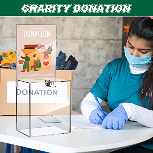 Teling Clear Acrylic Donation Box 7x5x8 Inches with Lock & Sign Plate - Tall Raffle Box with Cards