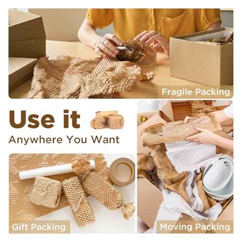 Honeycomb Packing Paper, 12"x200' Brown | Perforated Honeycomb Packing Paper Recyclable Moving Supplies for Shipping & Moving | Plastic-Free Alternative to Bubble Cushion Wrap with 36 Fragile Stickers