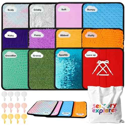 Large Sensory Mats 10 x10 Inch Textured Labeled Sensory Tile 12PCS Sensory Wall Panels with Hooks&Storage Tote,Tactile Sensory Toys for Autism,Calming Corner Classroom,Special Needs Education