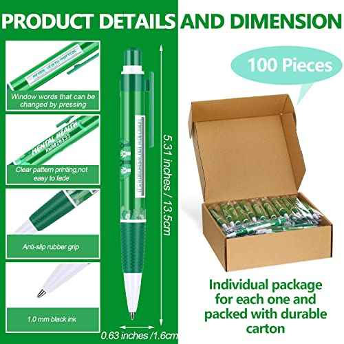 100 Pcs Mental Health Awareness Items Green Ribbon Message Pens World Mental Health Day Retractable Ballpoint Pen for School Nonprofit Organization Charity Classroom Supply Kid Gift 1.0 mm Black Ink