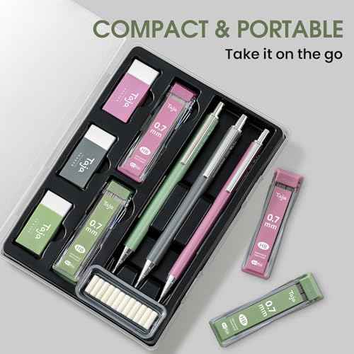 Aesthetic 0.7mm Mechanical Pencil Set with Case ? 3 Vintage Mechanical Pencils, 4 Tubes HB #2 Lead Refills, 3 Erasers & 12 Eraser Refills, Cute Pencil Kit for Back to School Stationery Supplies
