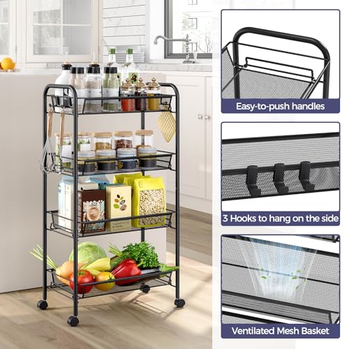 4-Tier Metal Utility Cart, Mesh Wire Rolling Cart on Wheels, Storage Trolley with Easy Assembly, Organizer Craft Cart 3 Hooks, Mobile Shelving Unit for Bathroom, Laundry Room, Home
