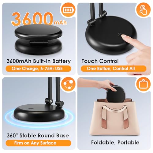 One Fire Black Cordless Rechargeable LED Desk Lamp 3600mAh Battery Operated